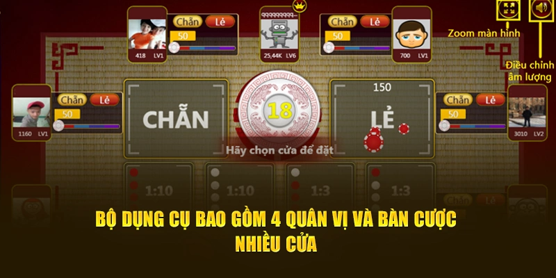 Bộ dụng cụ bao gồm 4 quân vị và bàn cược nhiều cửa 